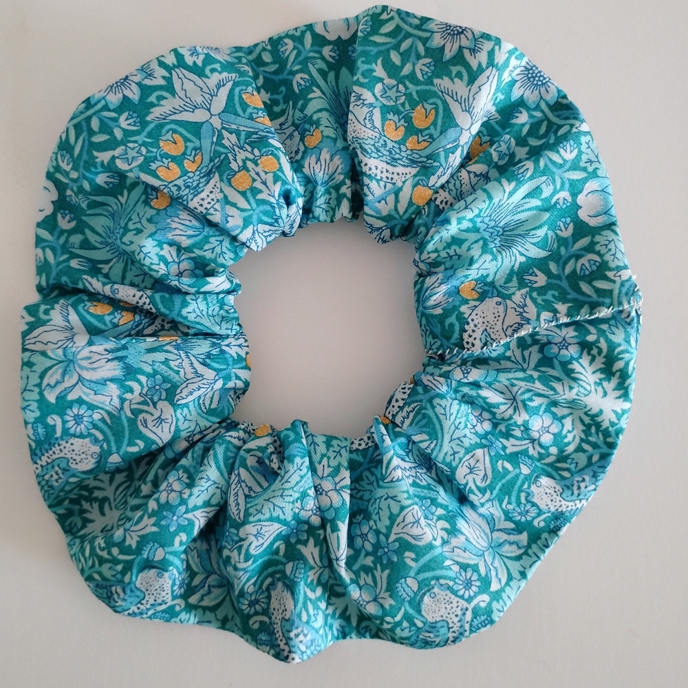 Liberty Art Fabric Scrunchie Strawberry Thief Turquoise Gold Floral Bird Bespoke